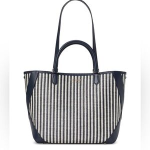 Kate Spade New York, BUDDIE STRIPED STRAW SMALL TOTE, Navy Blue and Cream